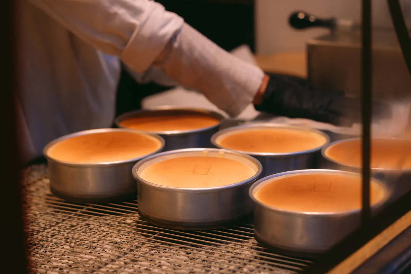 A baker preparing cheesecakes using several round baking pans in a kitchen