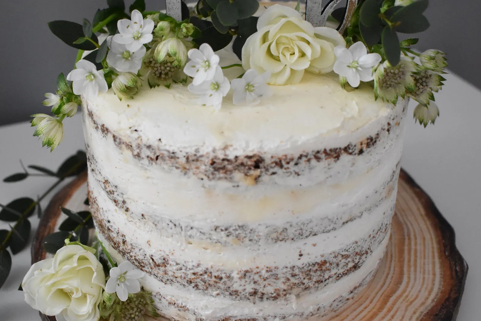 A close-up of a decorated birthday cake with floral details